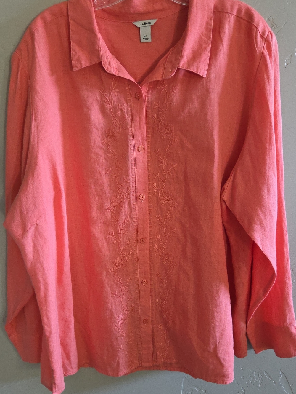 L.L. Bean Coral Button-Down Linen Shirt with Front Embroidery